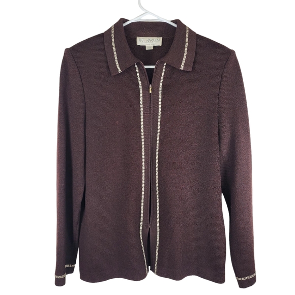flawed ST. JOHN Marie Gray Womens 10 Zip Up Knit Stitched Collared Sweater Brown - Picture 1 of 7